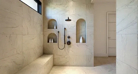 a bathroom with a granite countertop shower