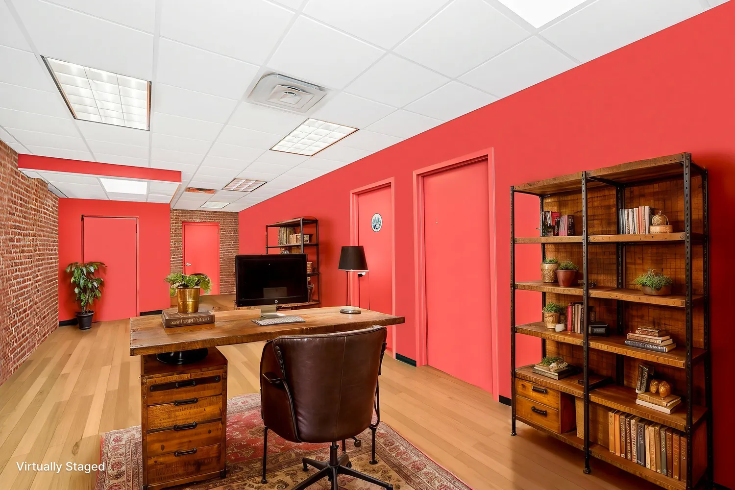 a workspace with furniture and wooden floor