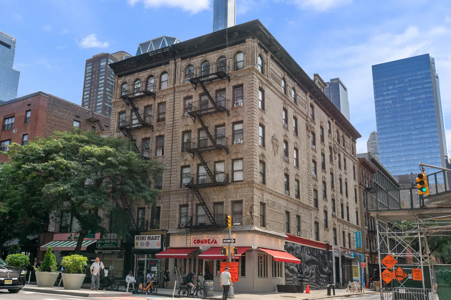 a view of a building with a street