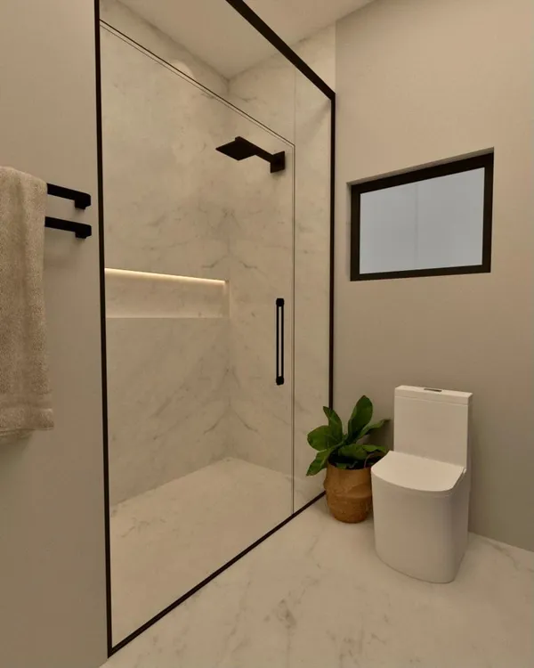 a bathroom with a shower and a bathtub