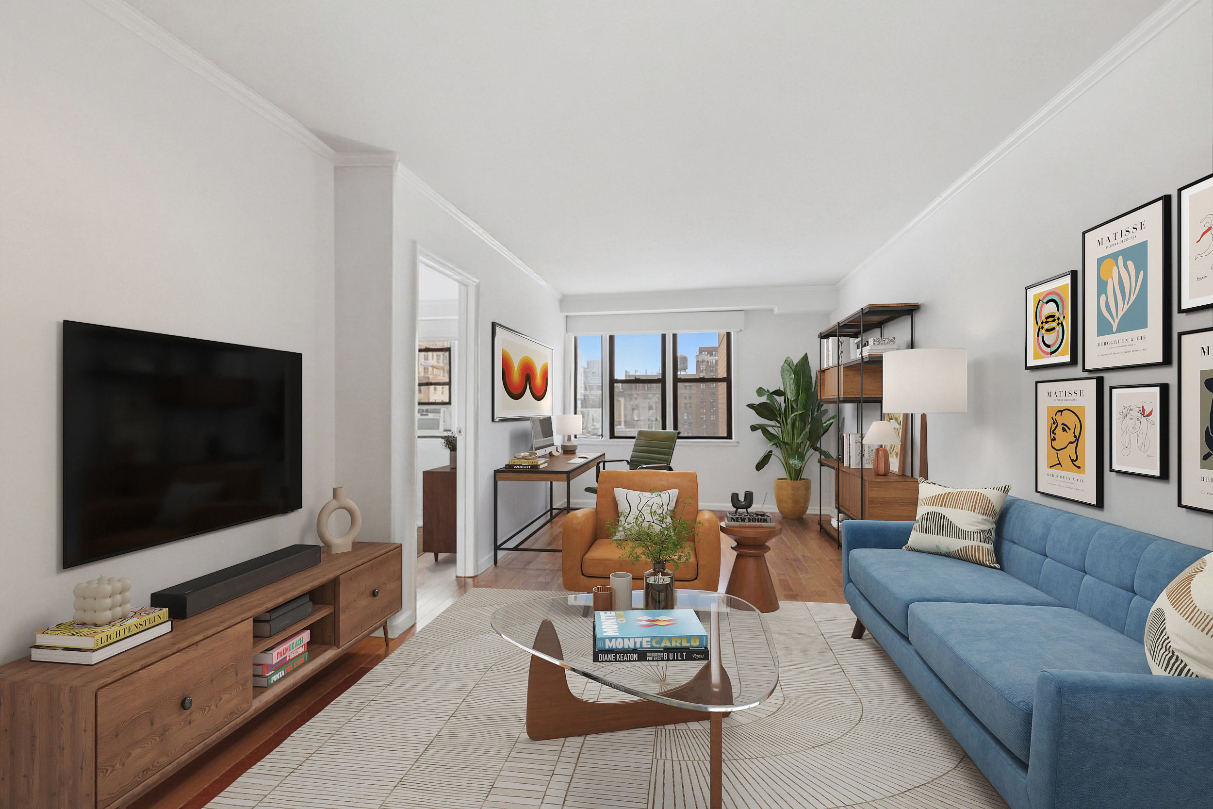 201 East 21st Street, Unit 11H Manhattan, NY 10010 - Photo 1 of 10 a living room with furniture and a flat screen tv