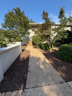 a view of a yard with a house in the background