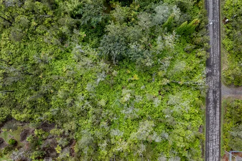 an aerial view of residential house with outdoor space and trees all around