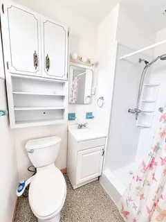 a white toilet sitting next to a bathroom sink and tub
