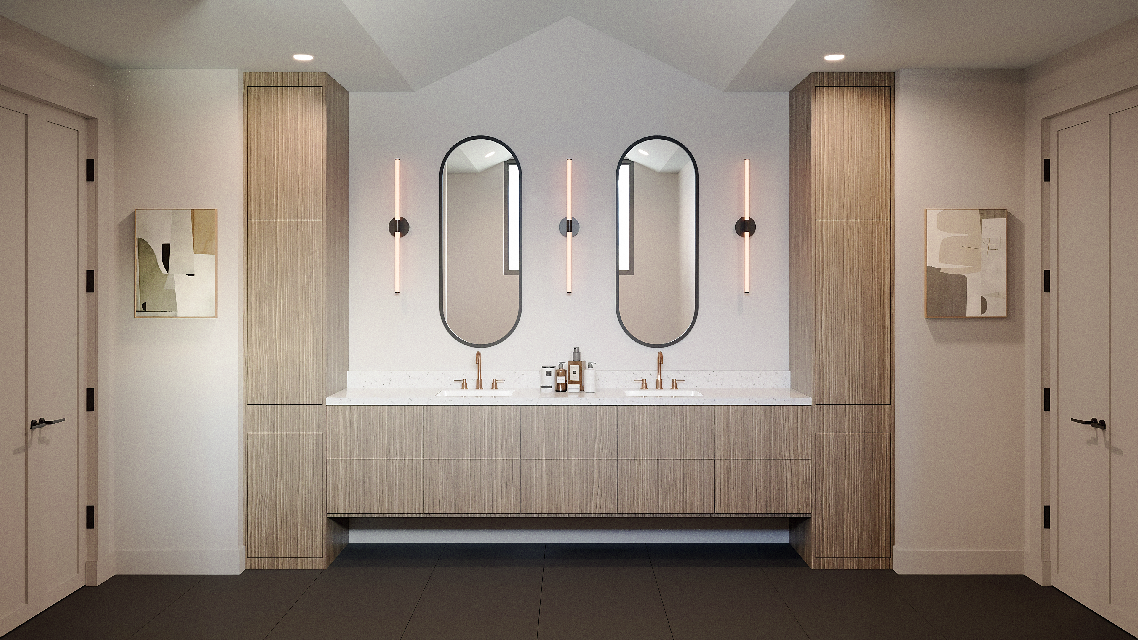 6213 Overbrook Lane Houston, TX 77057 - Photo 14 of 27 a bathroom with a double vanity sink a mirror a glass door a shower and a mirror