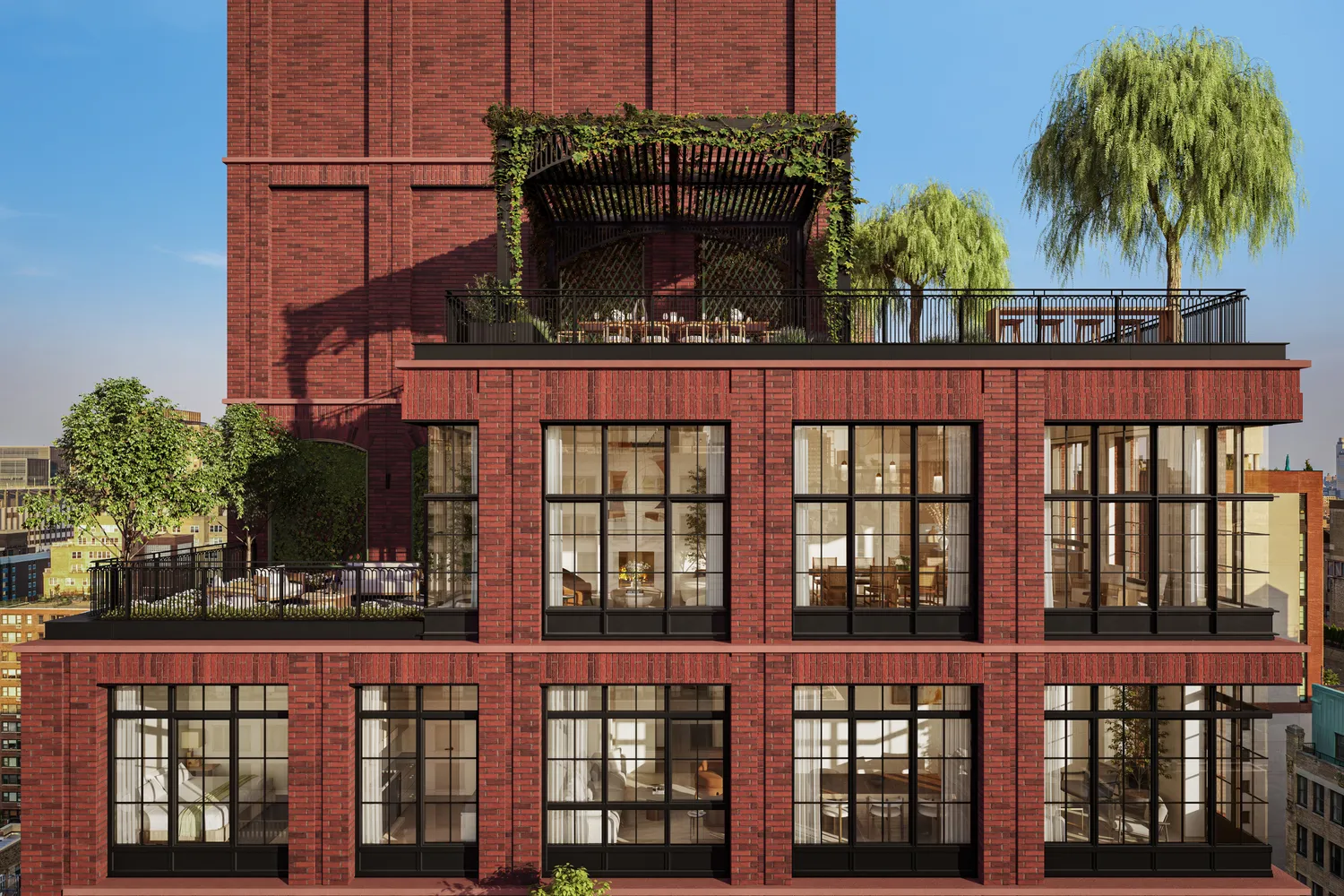 a front view of a house with glass windows and palm trees