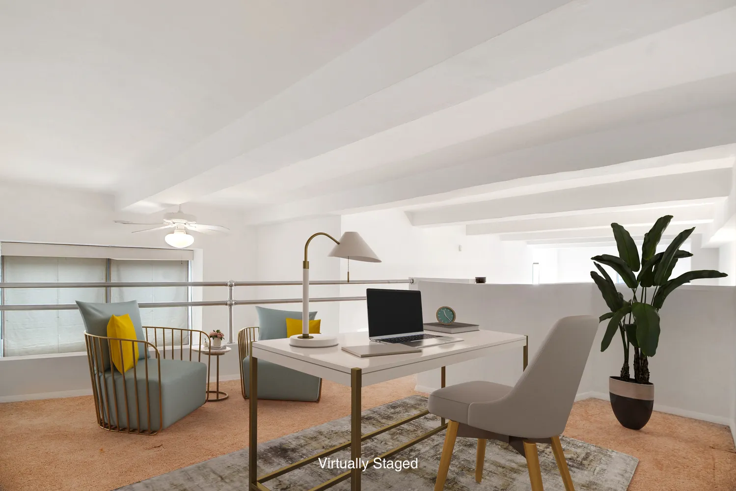 a living room with furniture a rug and a potted plant