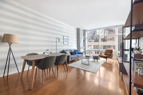 a living room with furniture a rug potted plant and a large window