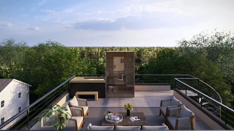 a balcony with furniture and a potted plant
