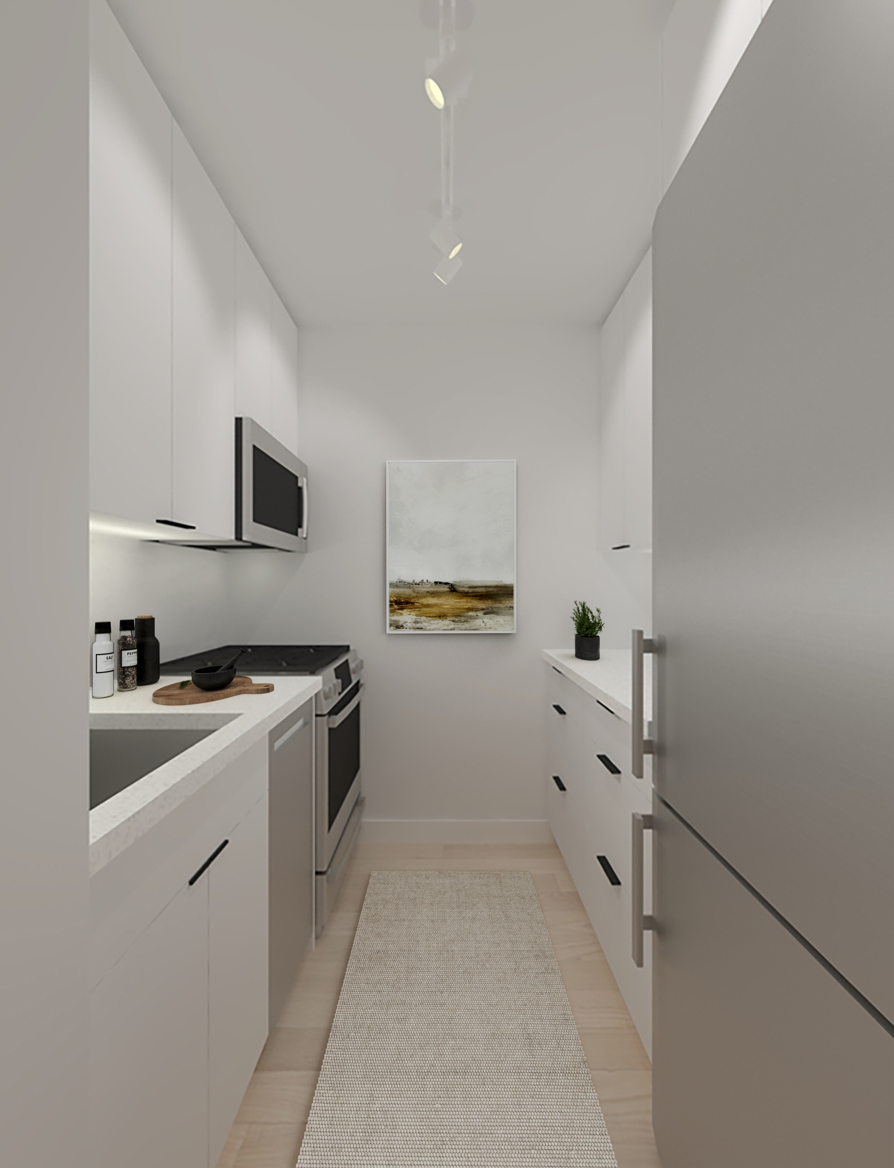 150 West End Avenue, Unit 3G Manhattan, NY 10023 - Photo 3 of 13 a kitchen with white cabinets and white appliances