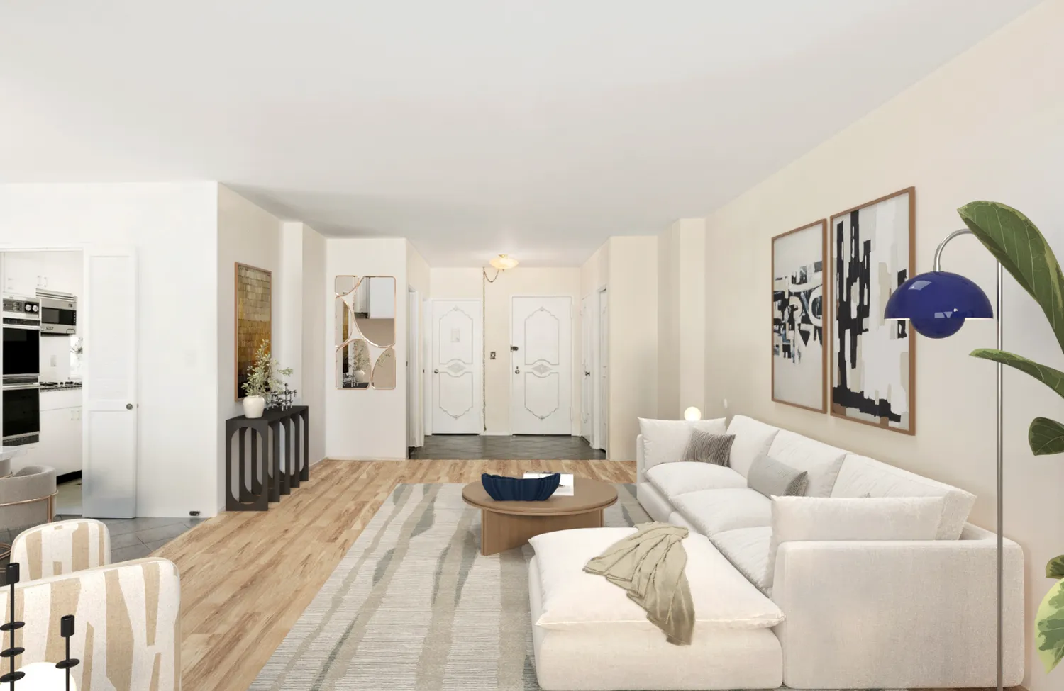 a bedroom with a bed and a couch