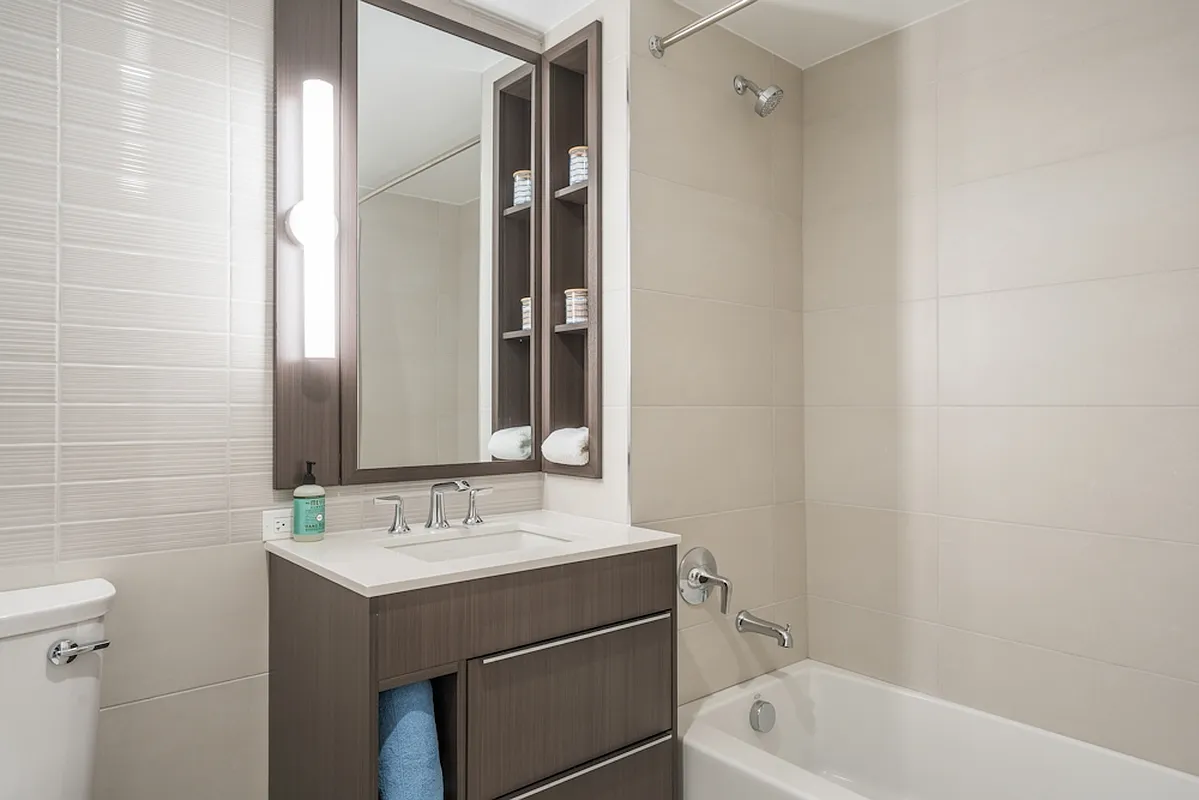 975 Nostrand Avenue, Unit 241 Brooklyn, NY 11225 - Photo 8 of 18 a bathroom with a tub sink and mirror