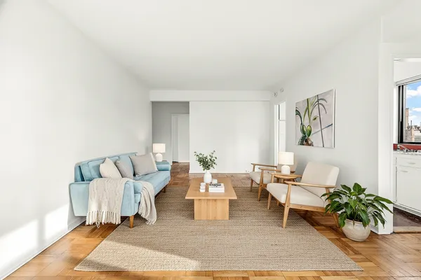 a living room with furniture potted plant and table