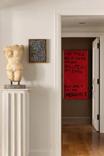 a view of a hallway with wooden floor and a bookshelf