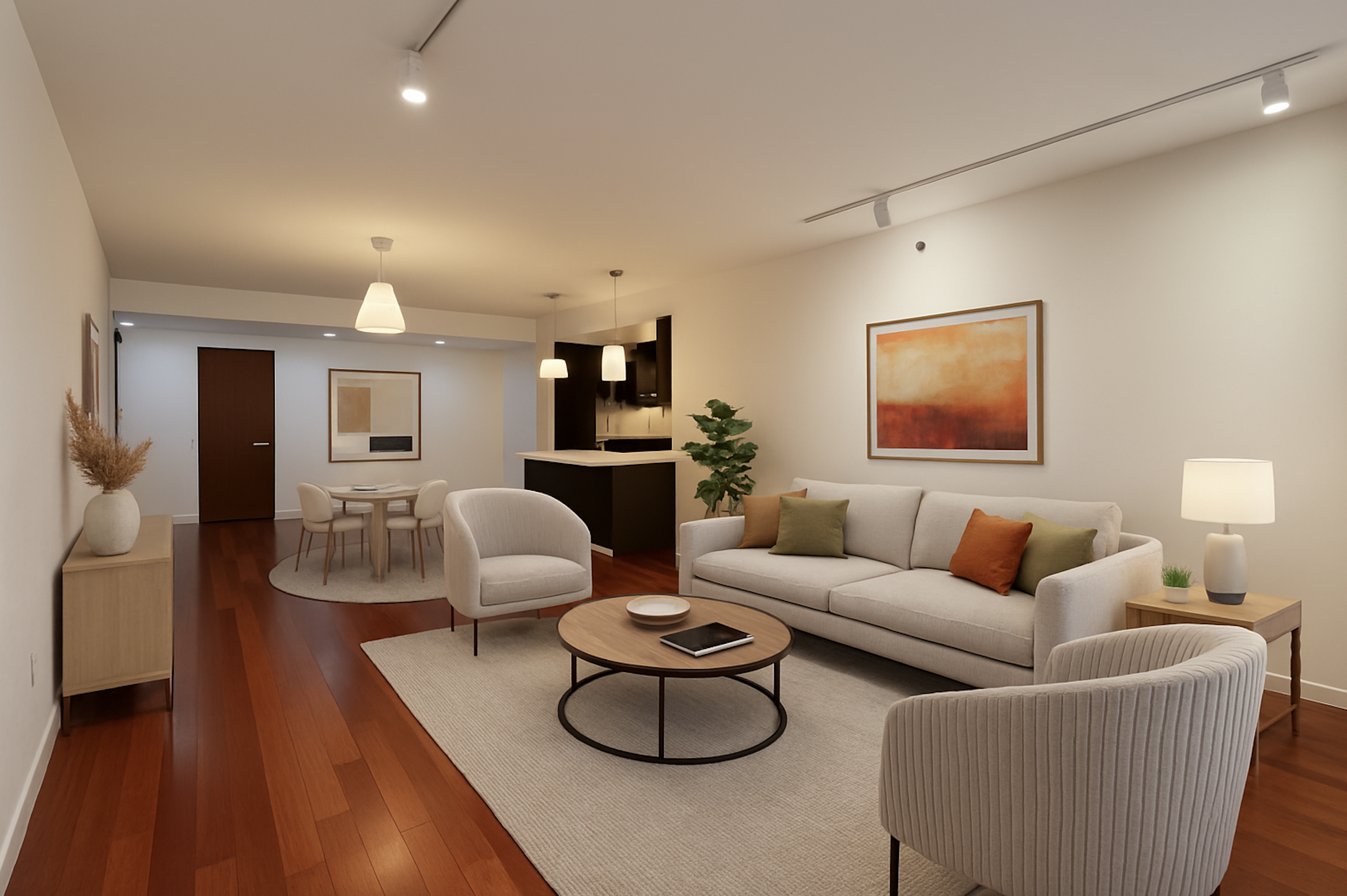 a living room with furniture a rug and white walls