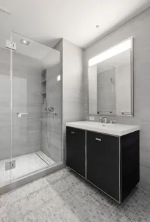a bathroom with a sink mirror and shower