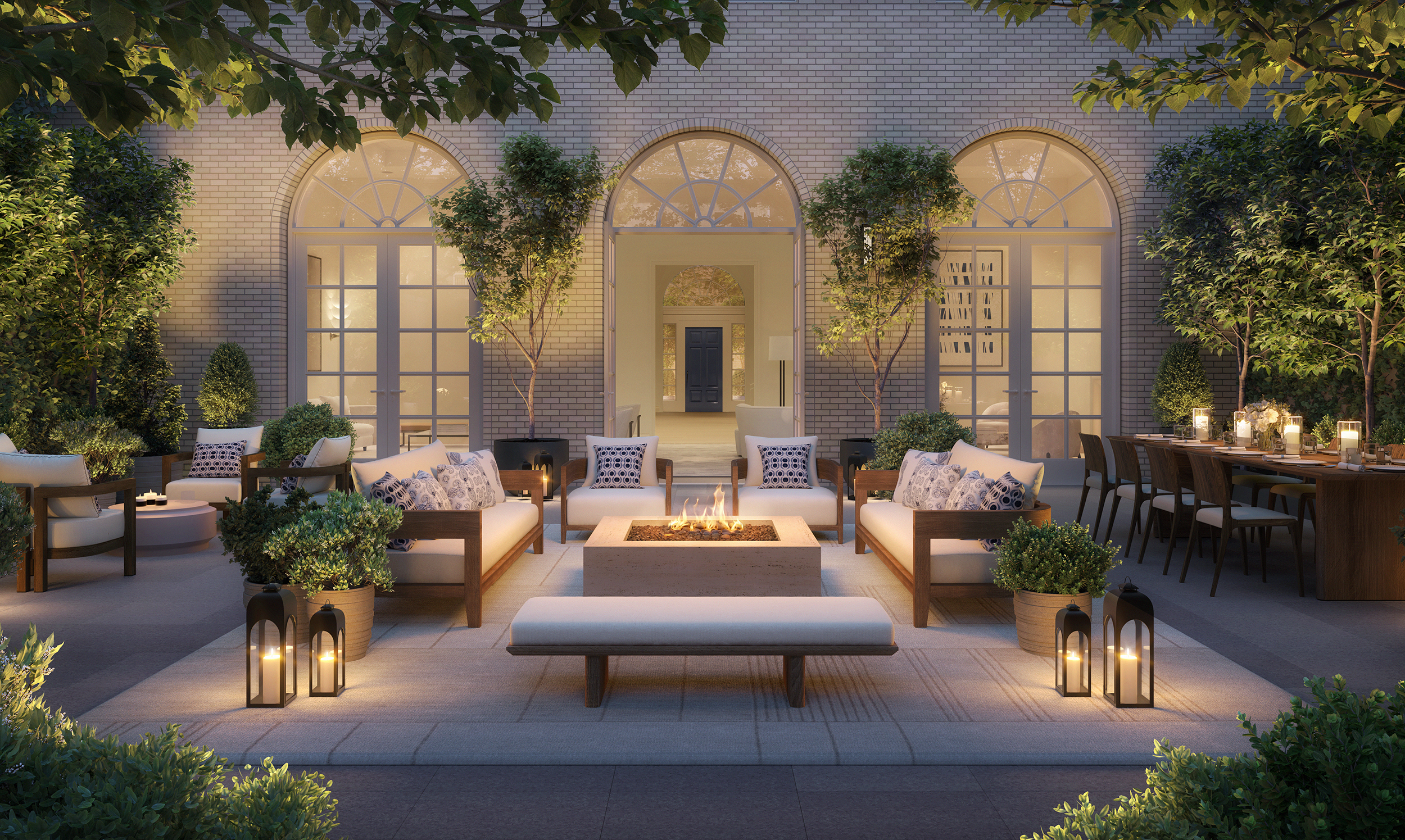 a view of a house with couches and a potted plant