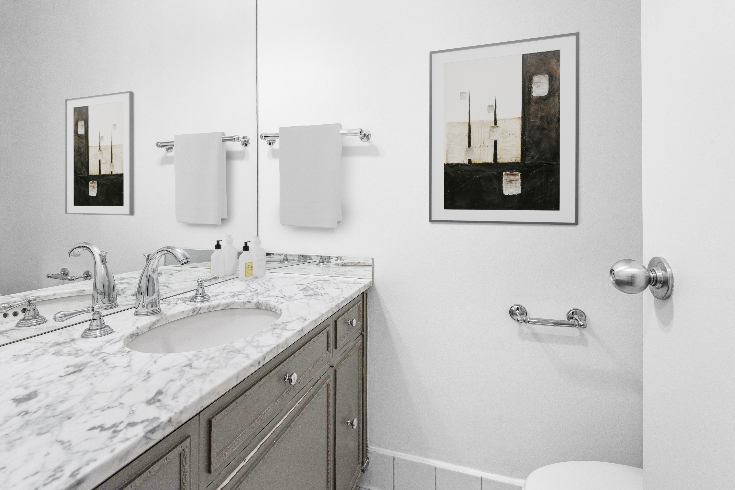 175 East 62nd Street, Unit 12A Manhattan, NY 10065 - Photo 4 of 24 a bathroom with a granite countertop sink a mirror and shower