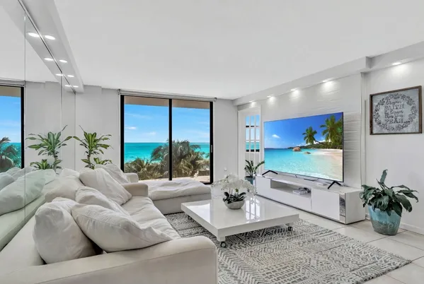 a living room with furniture potted plant and a large window