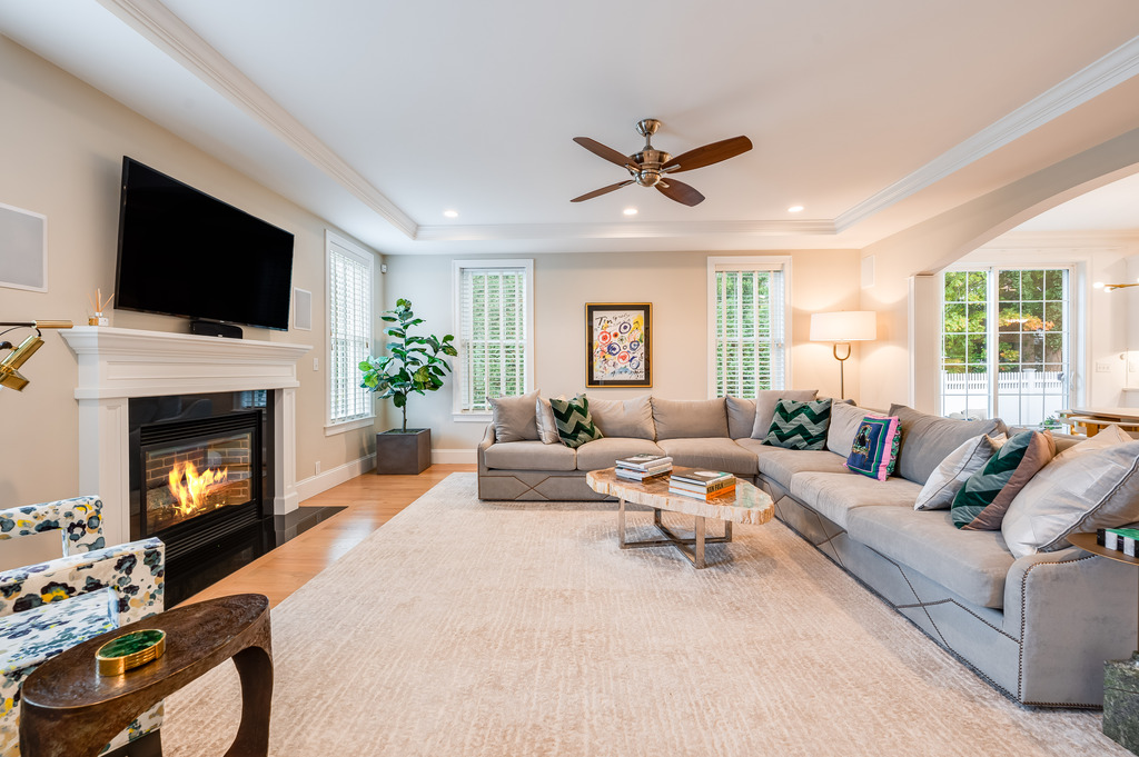 45 Washburn Avenue Needham, MA 02492 - Photo 5 of 23 a living room with furniture a fireplace and a flat screen tv