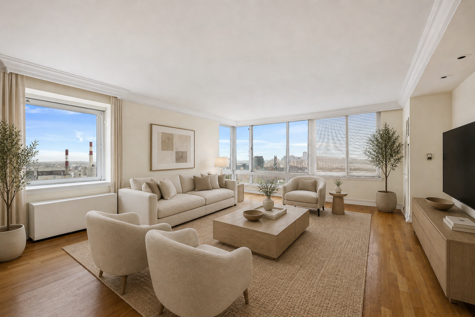 524 East 72nd Street, Unit 31AG Manhattan, NY 10021 - Photo 1 of 17 a living room with furniture a flat screen tv and a large window