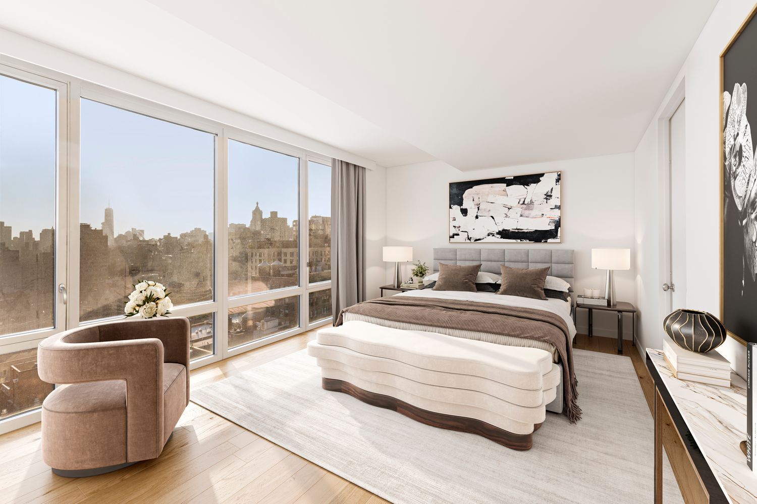 a bedroom with a bed and glass window