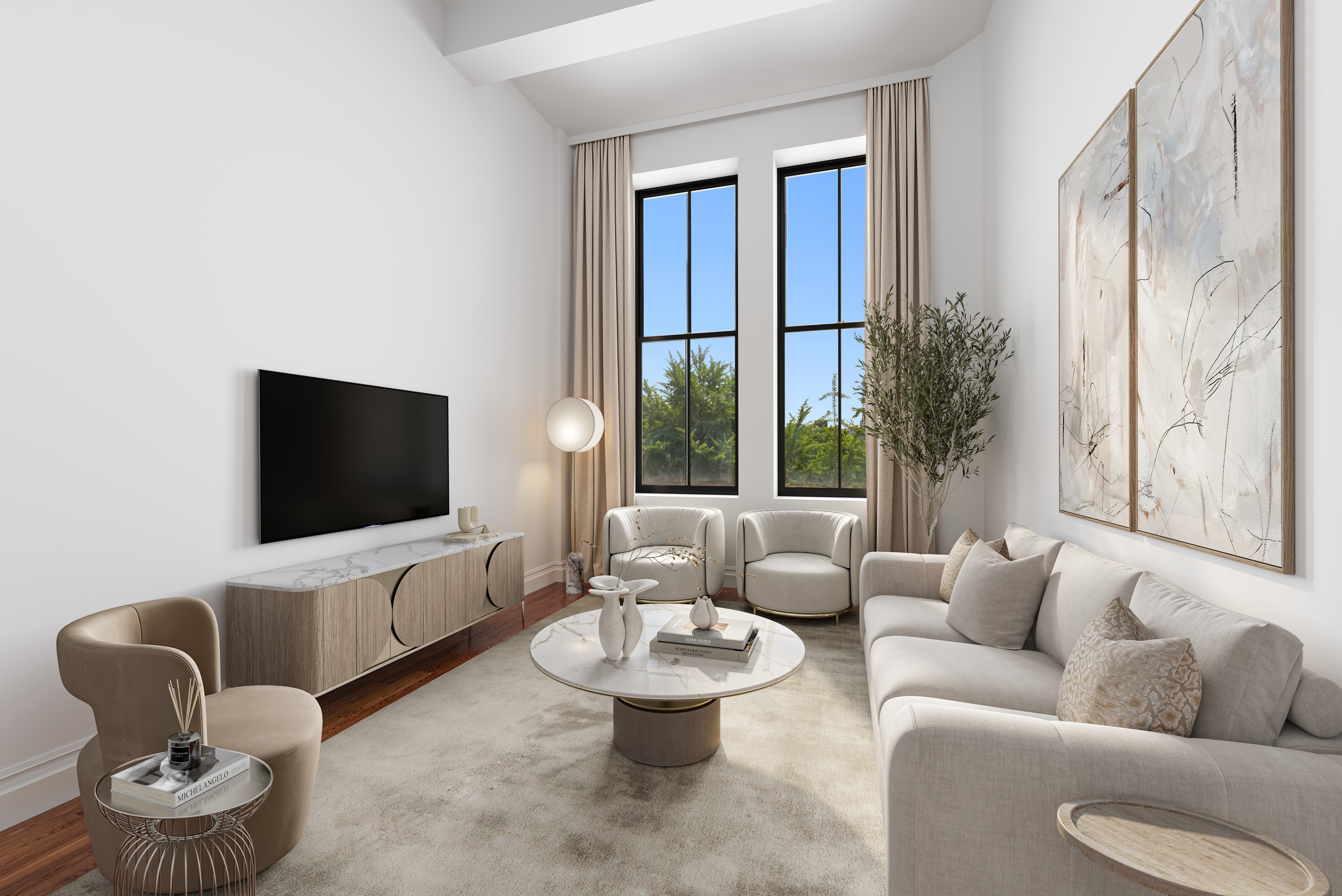 421 Hudson Street, Unit 306 Manhattan, NY 10014 - Photo 2 of 12 a living room with furniture and a flat screen tv