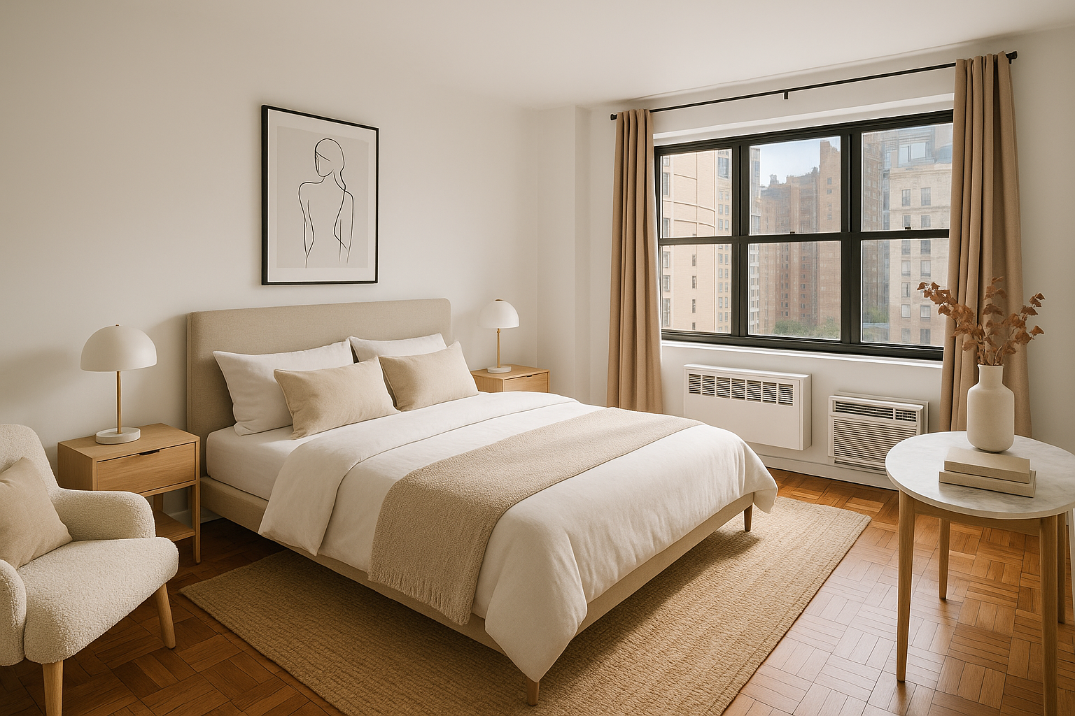 240 East 76th Street, Unit 10L Manhattan, NY 10021 - Photo 3 of 9 a bedroom with a bed and a large window