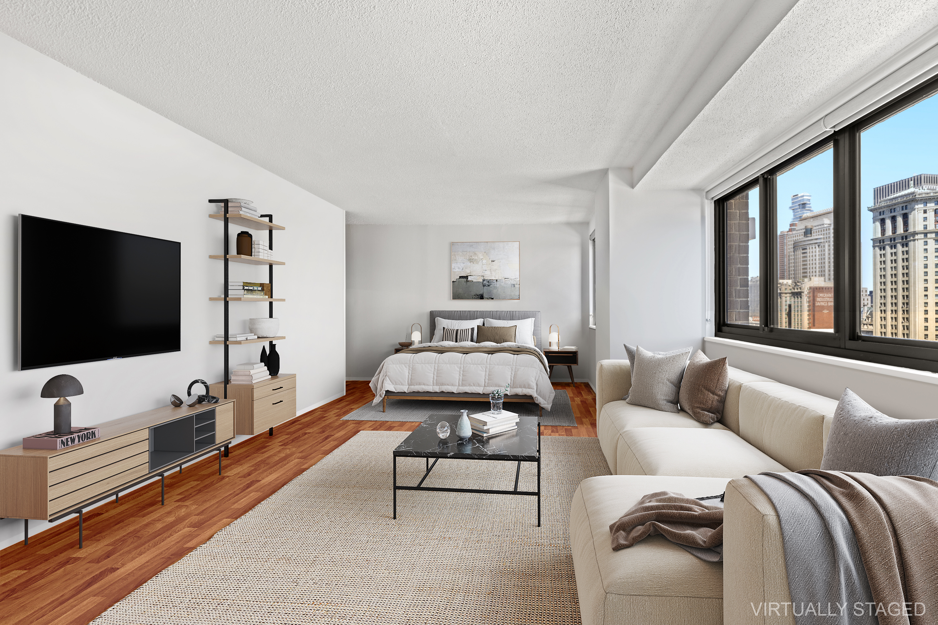 90 Gold Street, Unit 21G Manhattan, NY 10038 - Photo 2 of 9 a living room with furniture and a flat screen tv