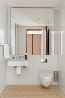 a bathroom with a sink a toilet and mirror