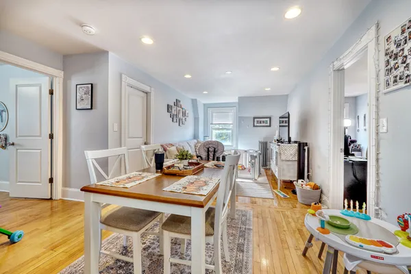 a view of a dining room with furniture