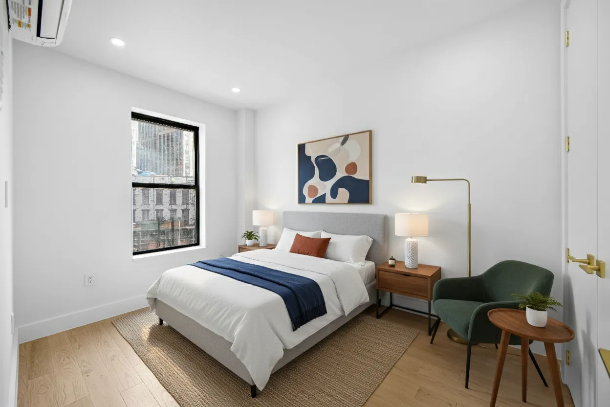 a bedroom with a bed and a window