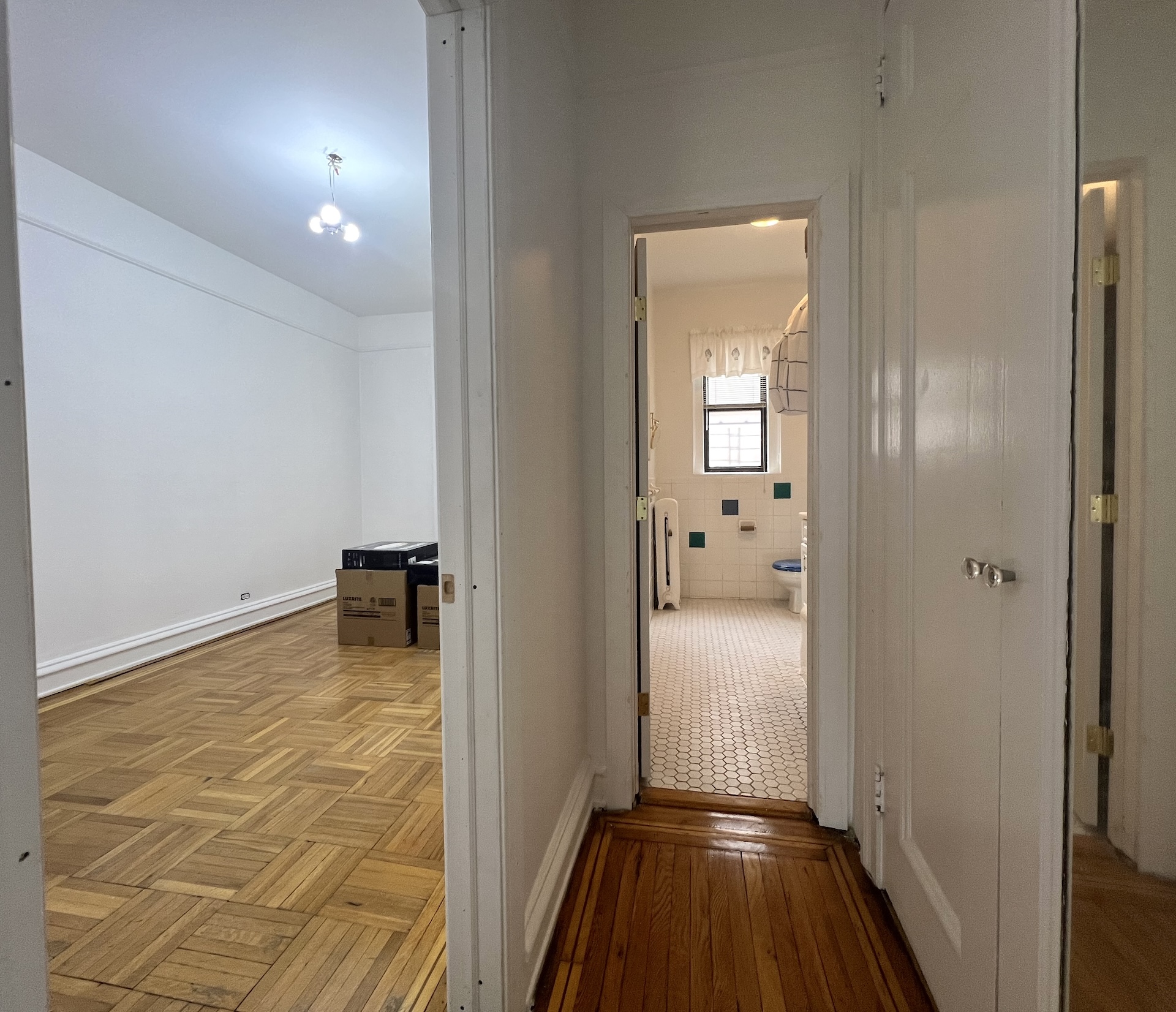 59 Livingston Street, Unit 3A Brooklyn, NY 11201 - Photo 12 of 19 a view of a hallway with wooden floor and a bathroom
