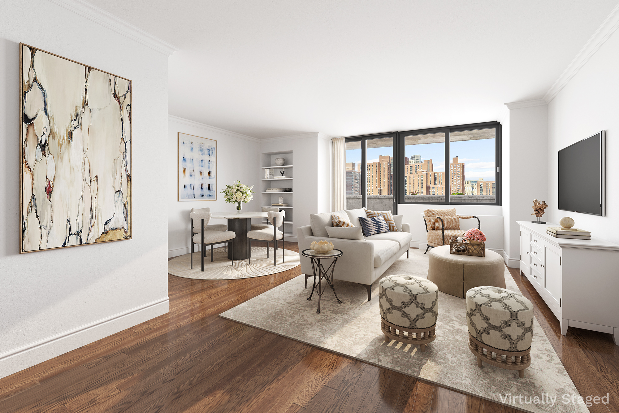 233 East 86th Street, Unit PHB Manhattan, NY 10028 - Photo 1 of 12 a living room with furniture large window and flat screen tv