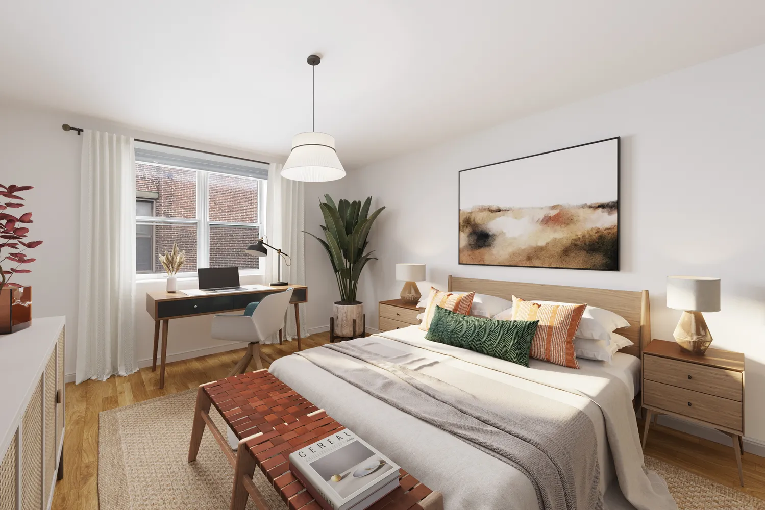 a bedroom with a bed and a table