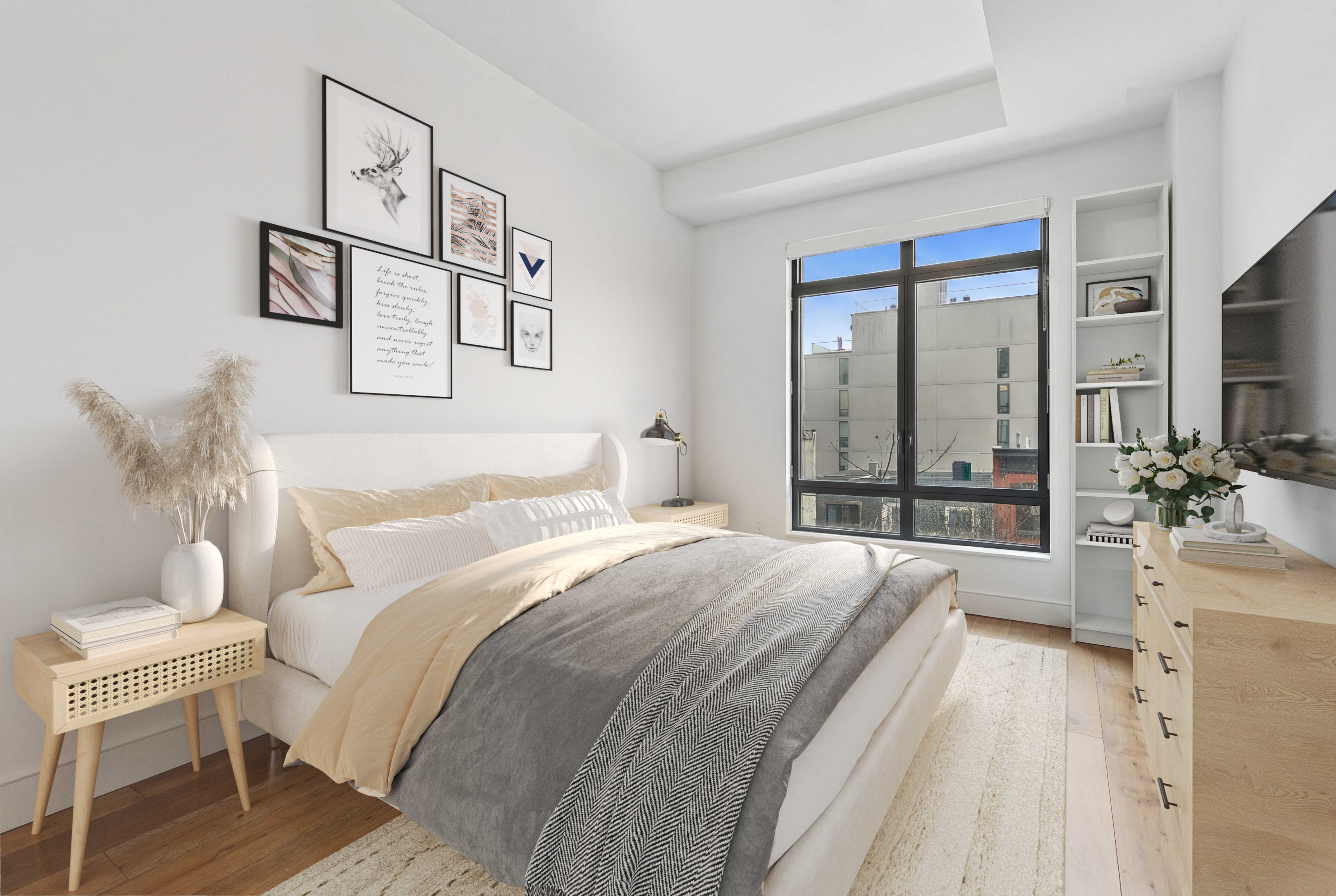 147 Hope Street, Unit 4A Brooklyn, NY 11211 - Photo 6 of 12 a bedroom with a bed and a large mirror