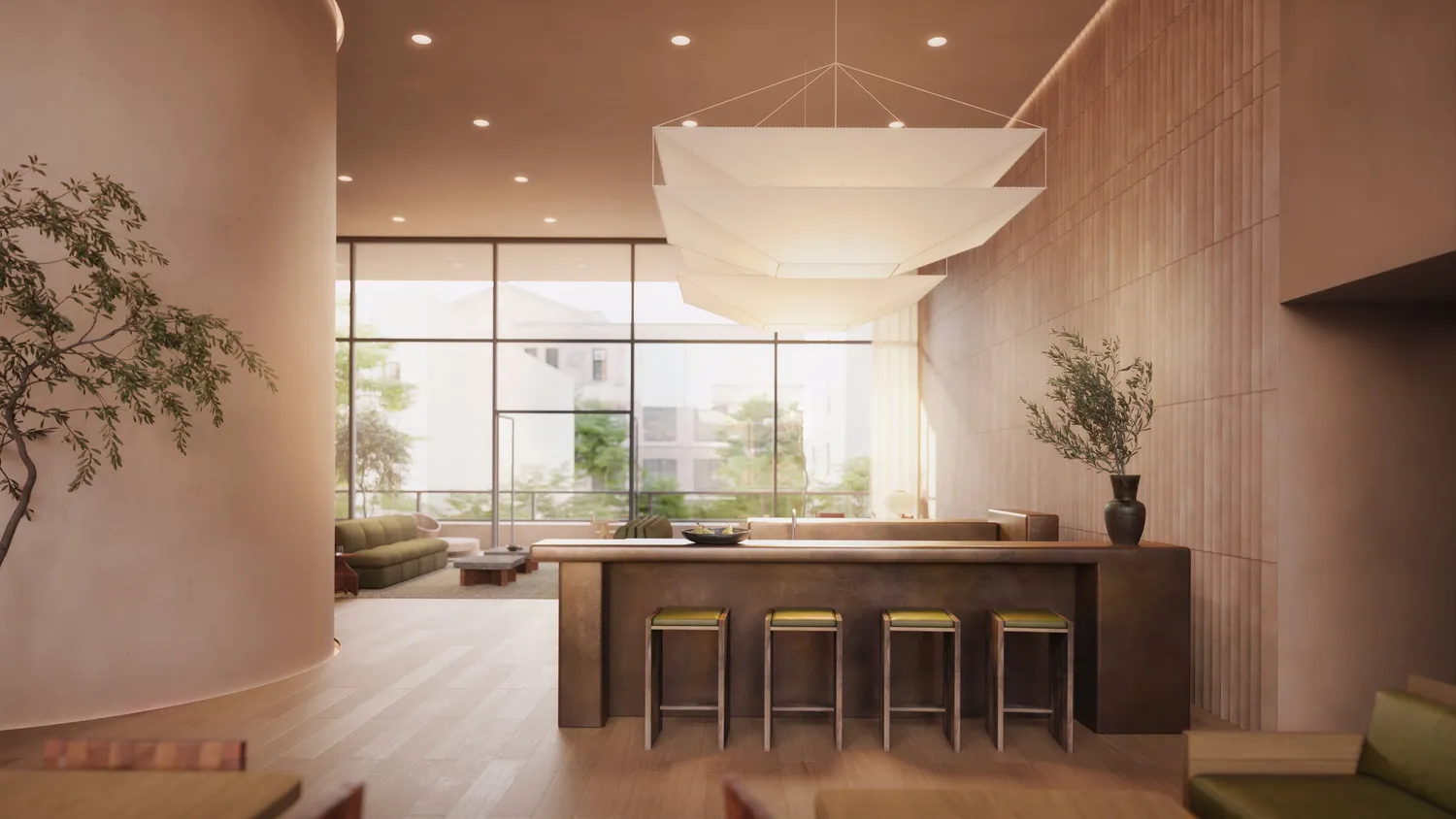 a dining room with furniture large windows and a chandelier