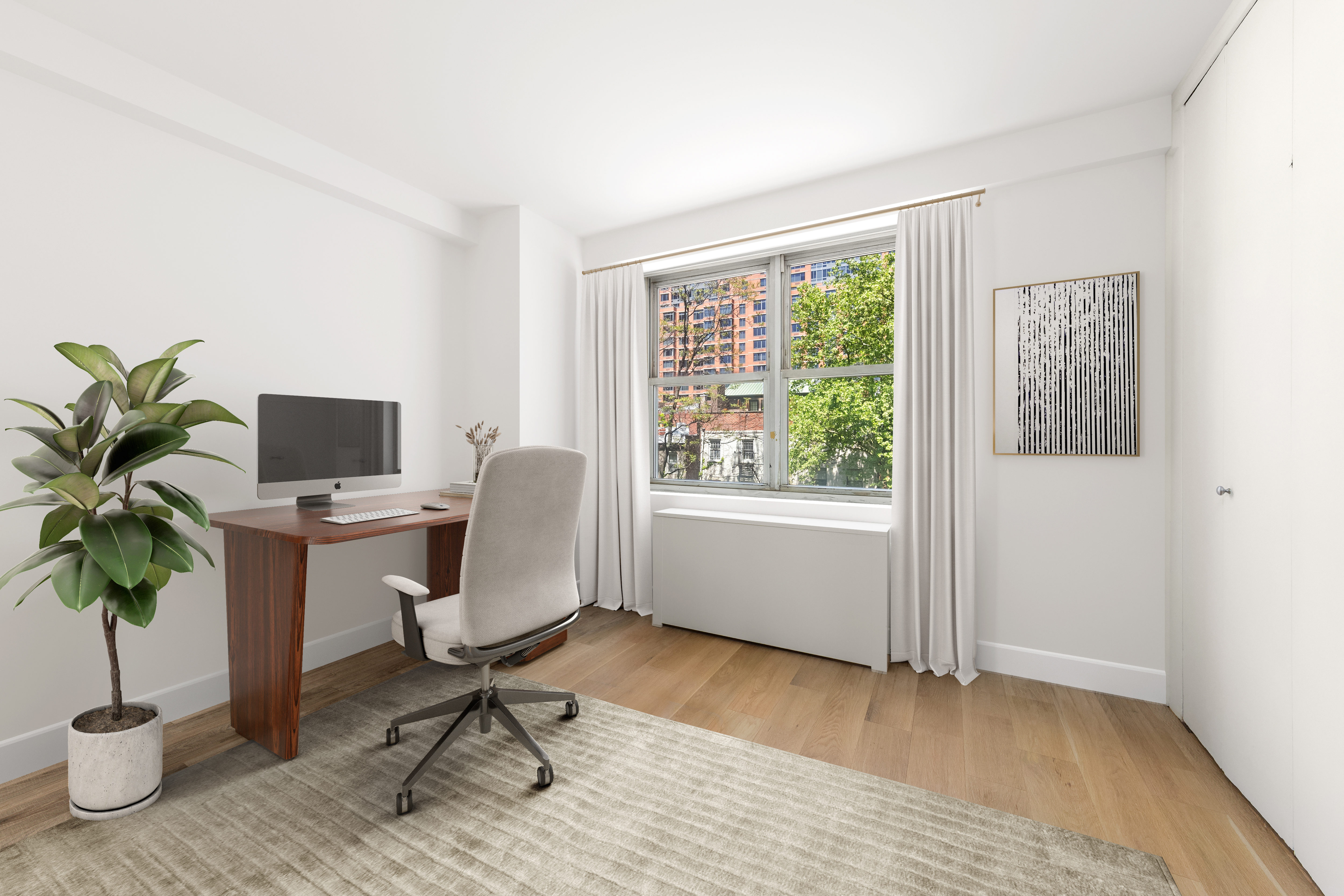 251 East 32nd Street, Unit 5J Manhattan, NY 10016 - Photo 5 of 15 a workspace with furniture window and wooden floor