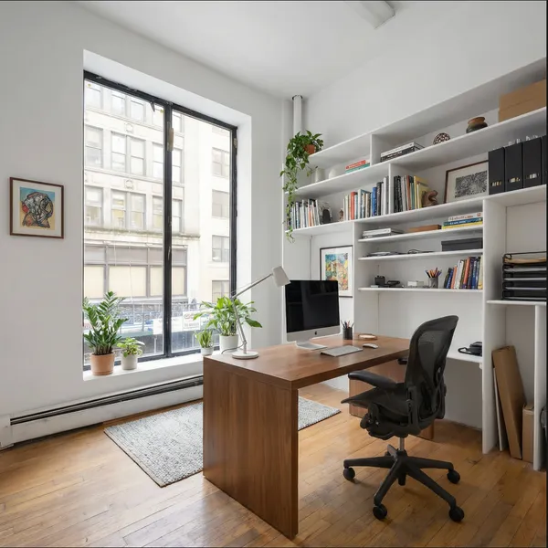 a view of a workspace with furniture and a window