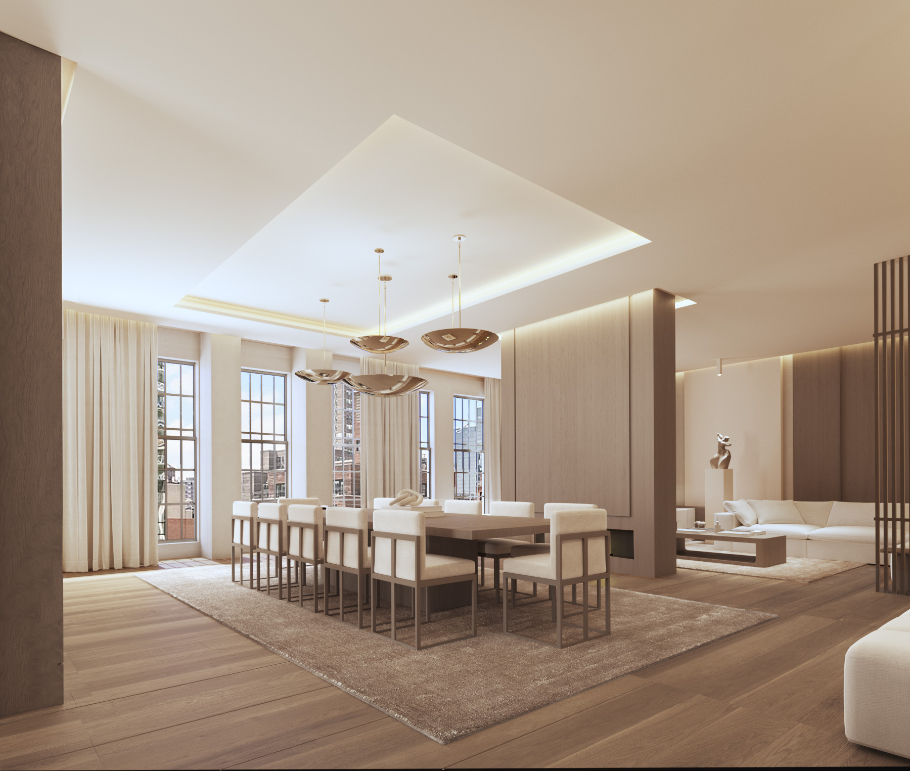 a view of a dining room with furniture and window