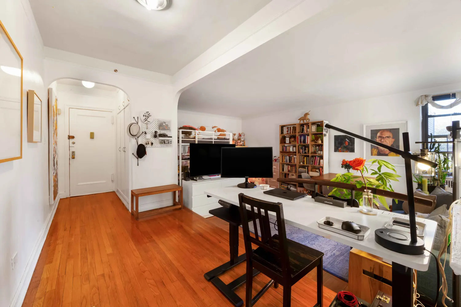 a workspace with furniture and rug