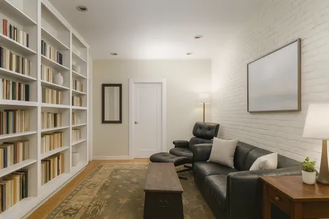a living room with furniture and a book shelf