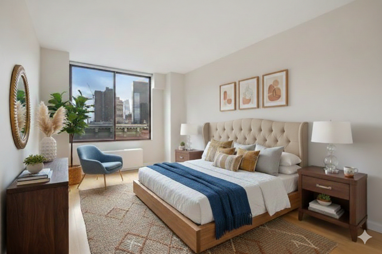 393 West 49th Street, Unit 6G Manhattan, NY 10019 - Photo 5 of 12 a bedroom with a balcony a bed and a couch