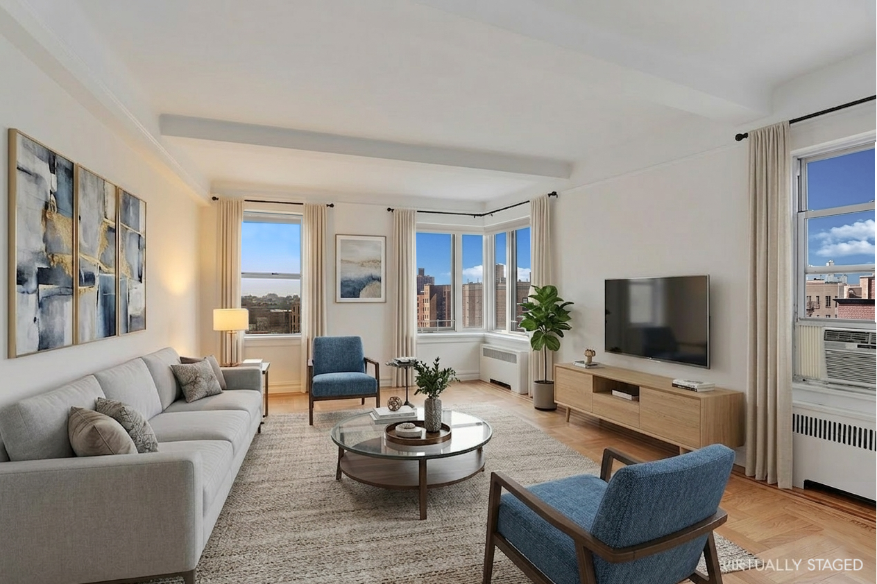 250 Cabrini Boulevard, Unit 9E Manhattan, NY 10033 - Photo 1 of 19 a living room with furniture and a flat screen tv