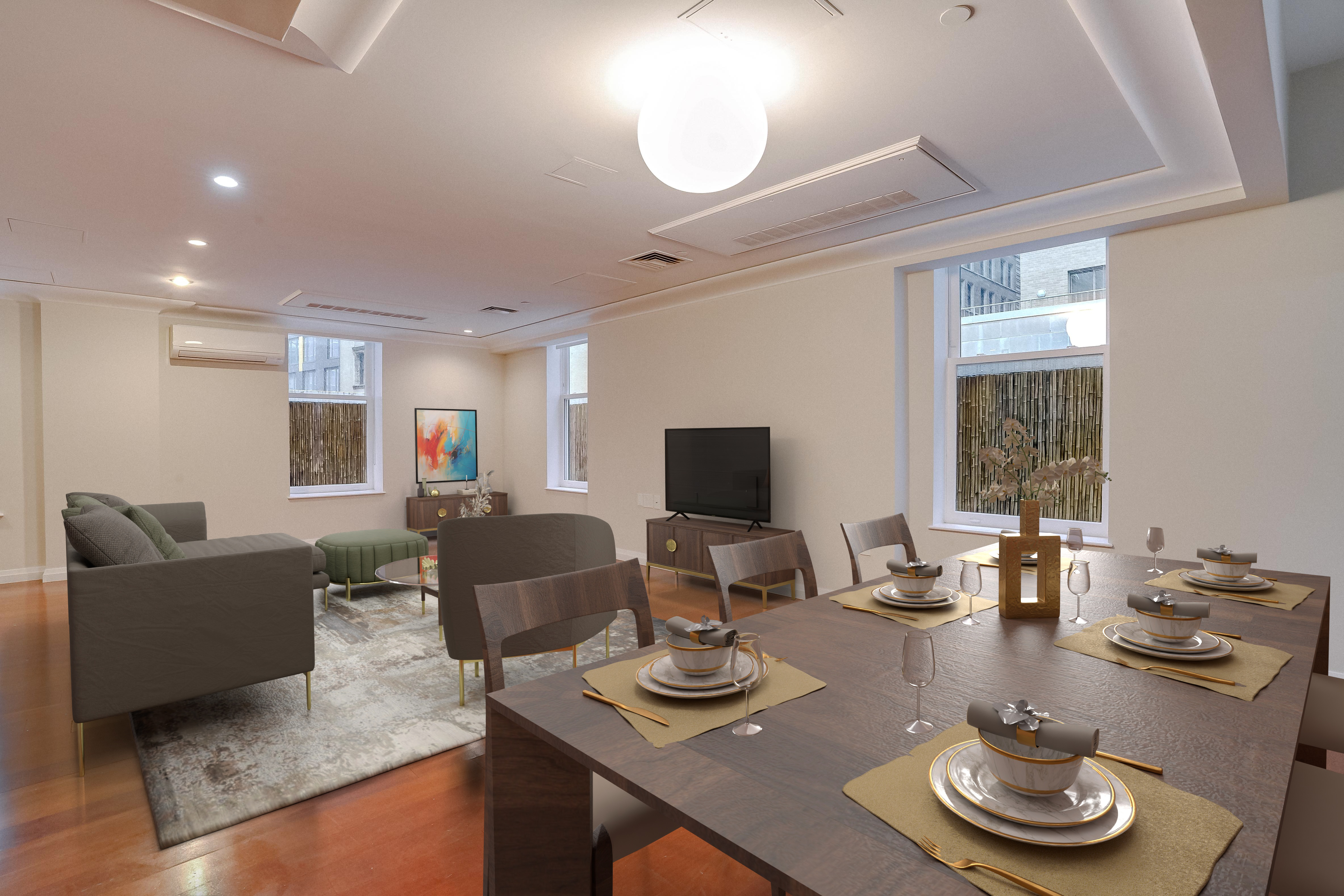 55 Wall Street, Unit PH910 Manhattan, NY 10005 - Photo 2 of 19 a living room with furniture and a flat screen tv