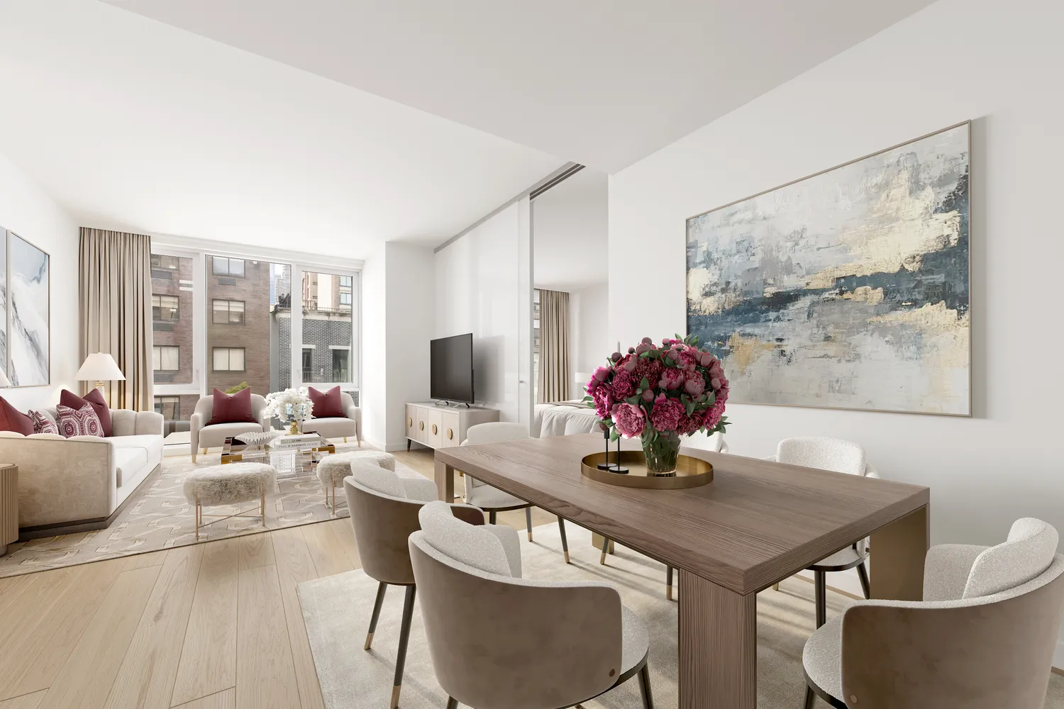 a dining room with furniture a large window and a potted plant