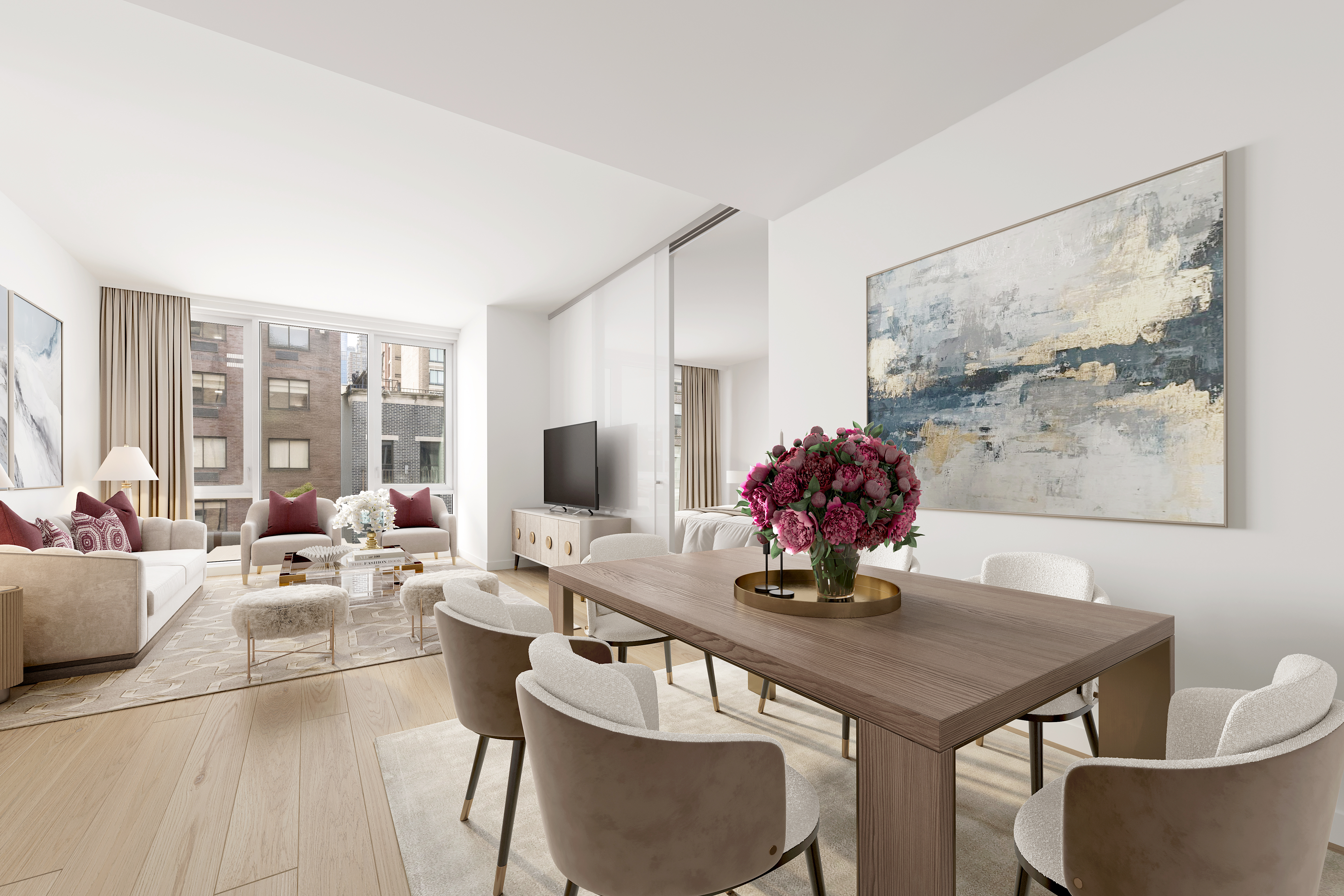 a dining room with furniture a large window and a potted plant