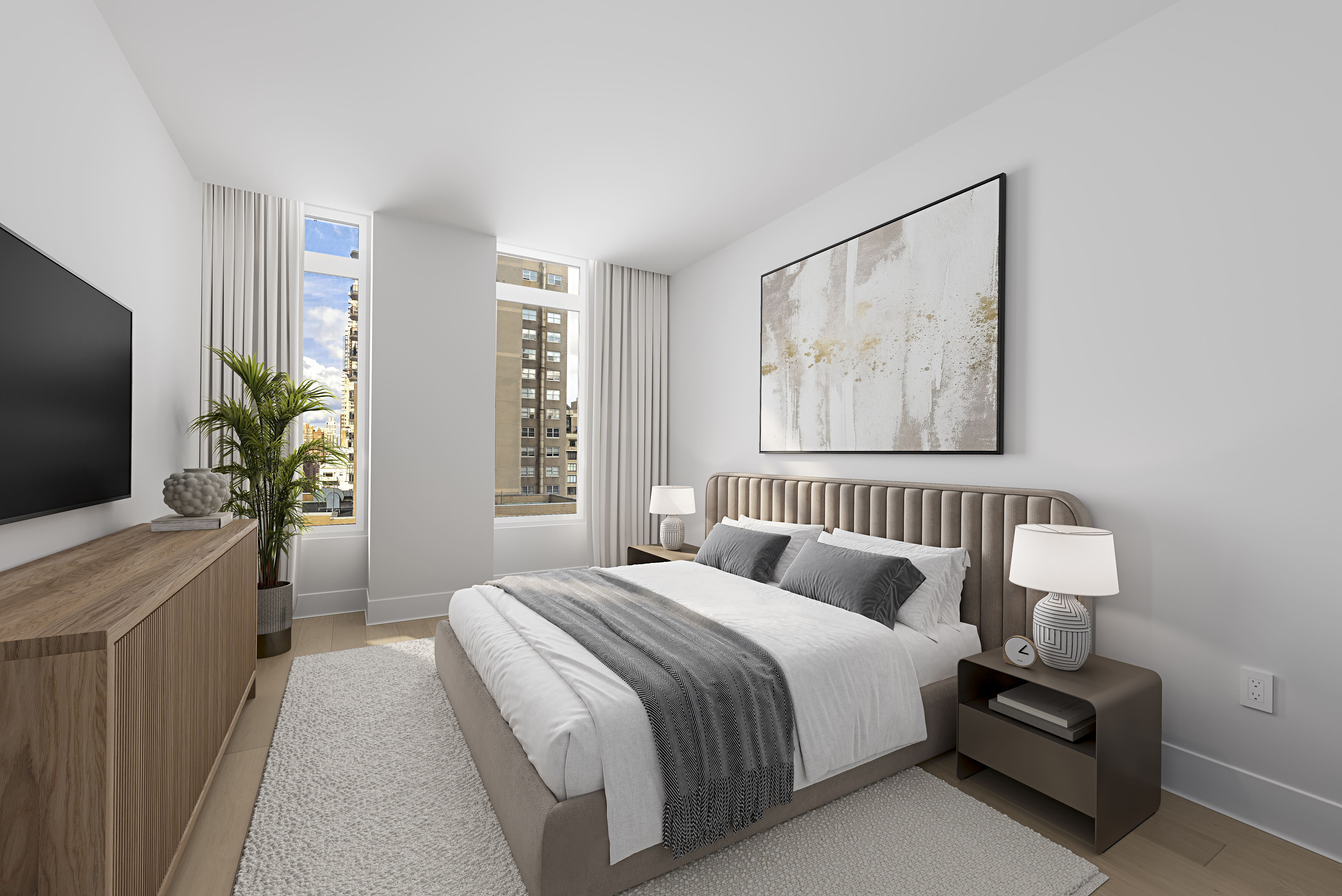 1059 3rd Avenue, Unit 21B Manhattan, NY 10065 - Photo 8 of 13 a bedroom with a bed and a flat screen tv