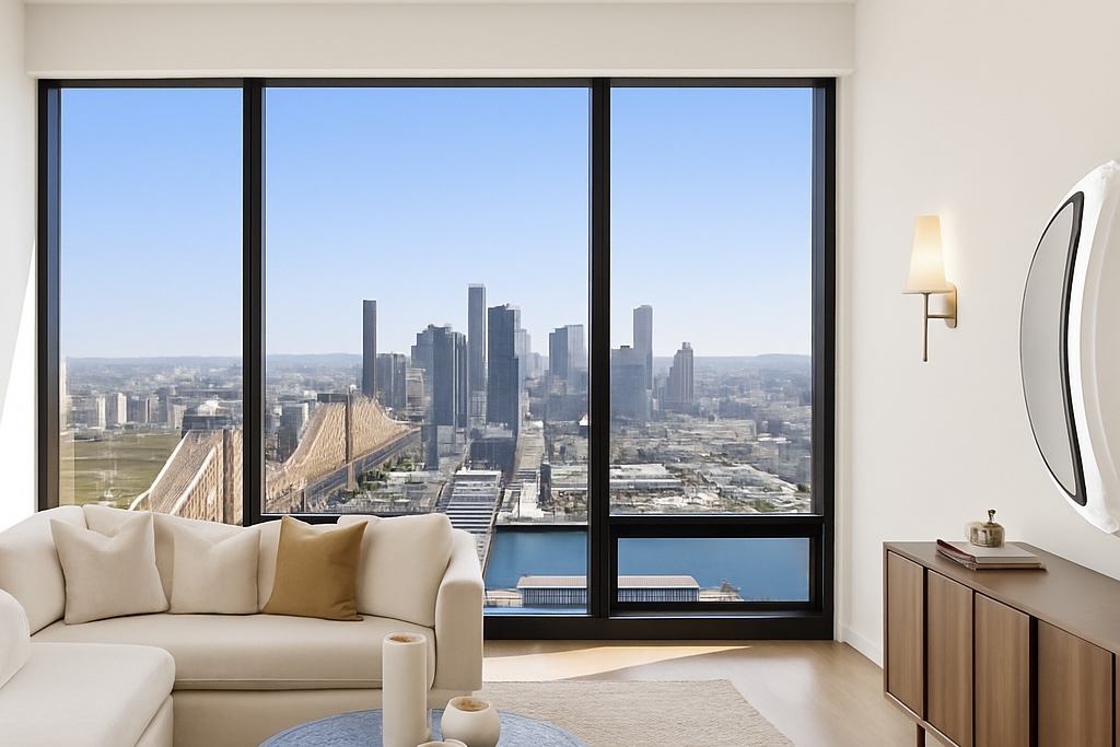 430 East 58th Street, Unit 38A Manhattan, NY 10022 - Photo 2 of 22 a view of living room with furniture and city view