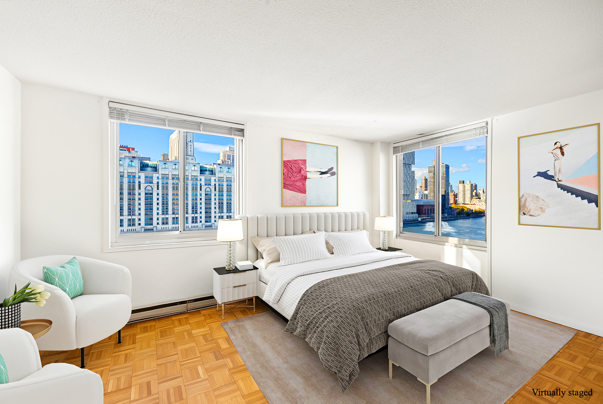 a bedroom with a bed and couch